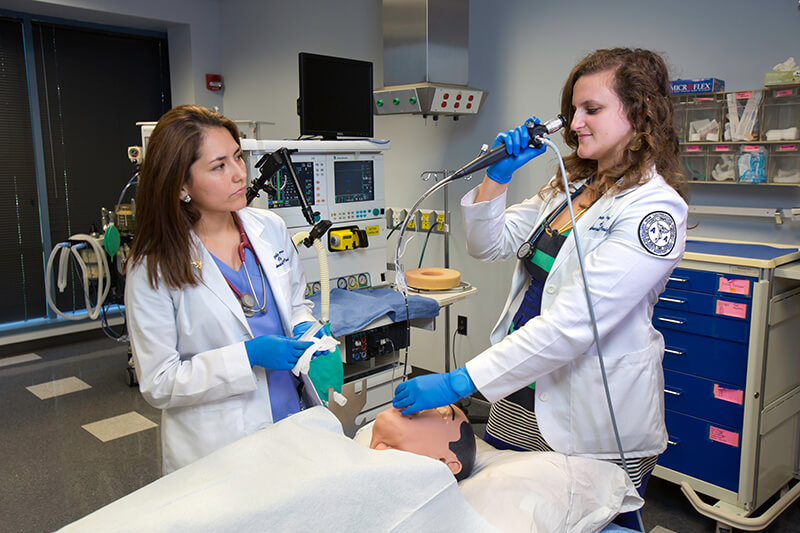 Healthcare professionals performing a procedure on a medical dummy